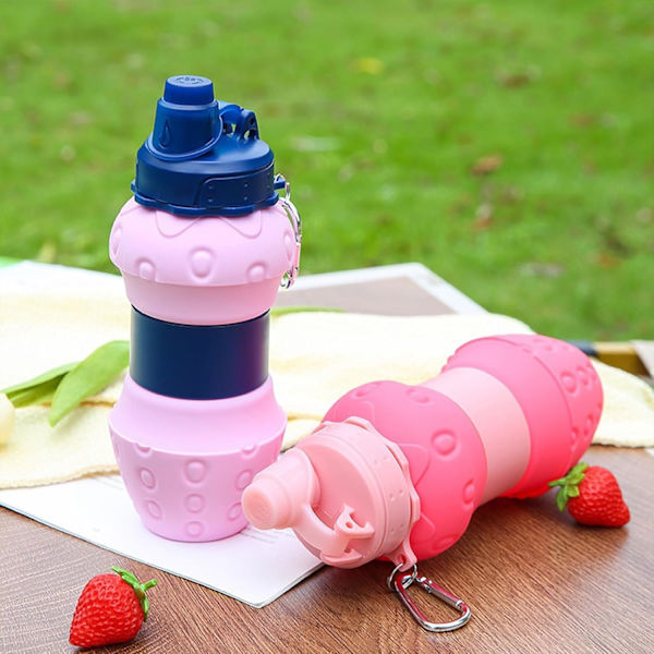 Silikone sammenklappelig vandflaske, sammenklappelig vandflaske, bærbar rejsevandflaske BPA-fri lækagesikker drikkeflaske til børns vandreture og camping Strawberry a