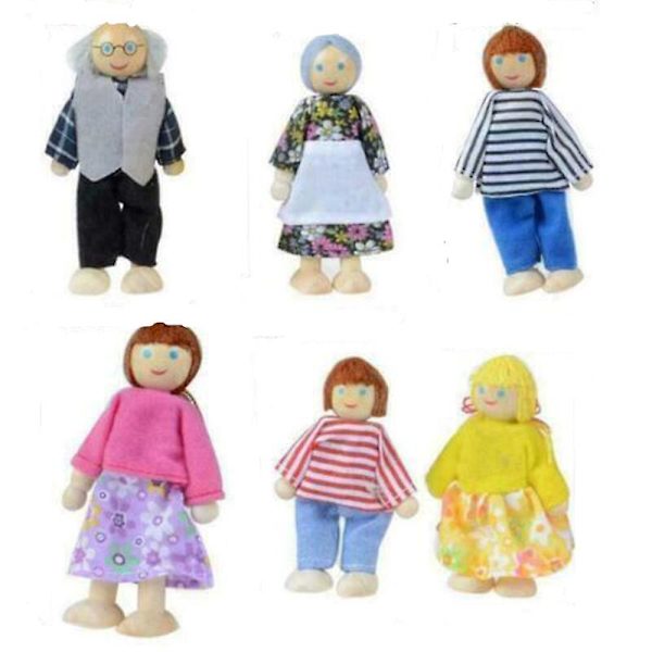 Børns lyserøde træmøbler dukkehus miniature værelse sæt dukke legetøj til gave Diy 6 Dolls Family Set