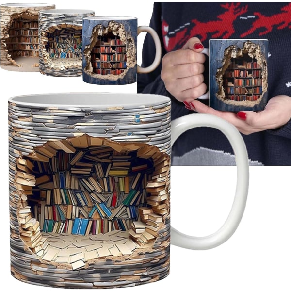 3D-bogreol krus, 3D-effekt bogkrus, kreativt rumdesign multifunktionelt keramikkrus, kaffekrusgave til bogelskere C
