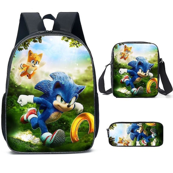 Sonic Ryggsäck för grundskolan Tredelad set Anime Cartoon Ryggsäck Axelväska Pennfodral pencil case 3