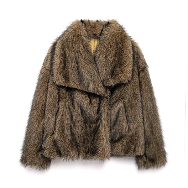 TRAFZA - Korte syntetisk skinnjakke for kvinner, tykk og varm langærmet jakke, ensfarget, elegant, trendy, vinterjakke black brown M