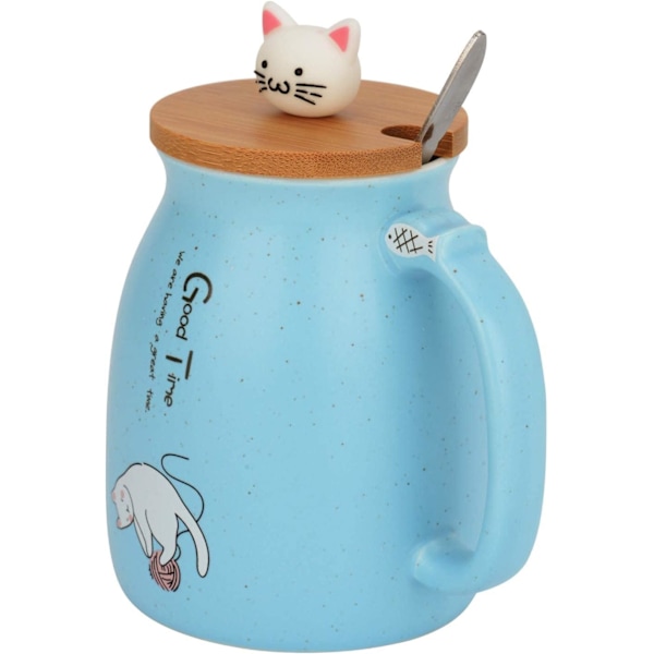 Kattekop Mug Sød Keramisk Killing Kaffe Kop med Skøn Killing Låg Rustfrit Stål Ske til Kaffe Te Mælk 380ML Te Mælk Julekop til Kvinder (Blå)