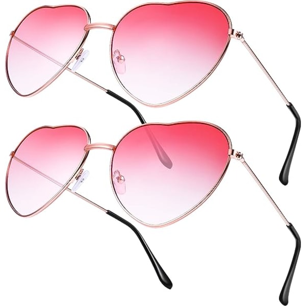 2 par Hippy Specs Briller Hjerteformede solbriller til Hippie Fancy Dress Tilbehør, Rose Gold Stel (Gradient Red Lens)