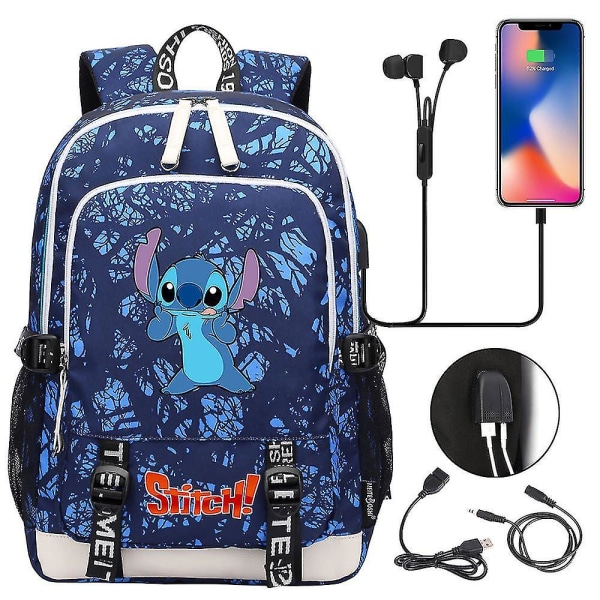 Anime Stitch  Filmer Usb Laddning Ryggsäck Skolväska Grundskolan Mellanstadiet Pojkar Flickor Stor Kapacitet Bokväska Hög Kvalitet style 10