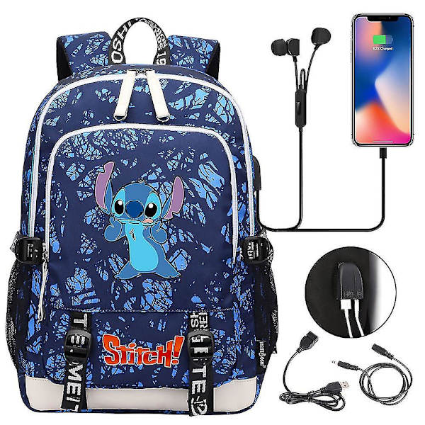 Anime Stitch  Filmer Usb Laddning Ryggsäck Skolväska Grundskolan Mellanstadiet Pojkar Flickor Stor Kapacitet Bokväska Hög Kvalitet style 3