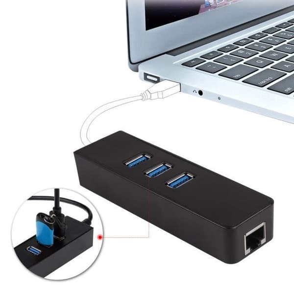 RJ45 Ethernet-sovitin - USB 3.0 - 3 porttia - 1000 Mbps - Musta - Langallinen verkkokeskitin
