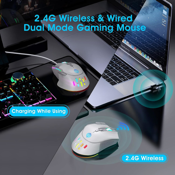 Wireless Gaming Mouse, Wired and Wireless Dual Modes Rechargeable RGB Gaming Mouse with 9 Buttons, Ergonomic and 3 Adjustable DPI(White)