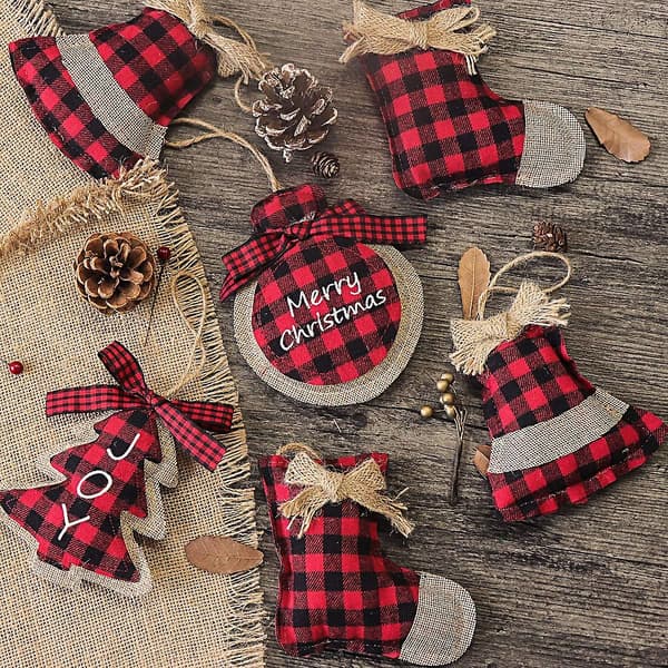Julepynt Træpynt, 8 stk Rød Sort Buffalo Check Plaid