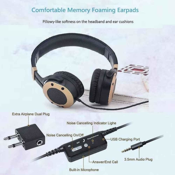 Aktive støyreduserende hodetelefoner med mikrofon og flyadapter, sammenleggbare og lette reisehodesett, Hi-fi-hodetelefoner med dyp bass