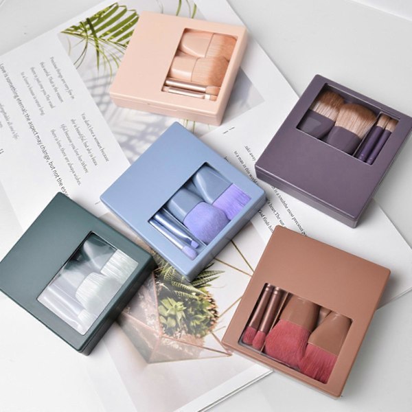 5 st Resestorlek Sminkborstar Set Mini Sminkborstar Litet Komplett Funktion Kosmetiska Borstar Kit Med Fodral Och Spegel Perfekt För På Språng Purple