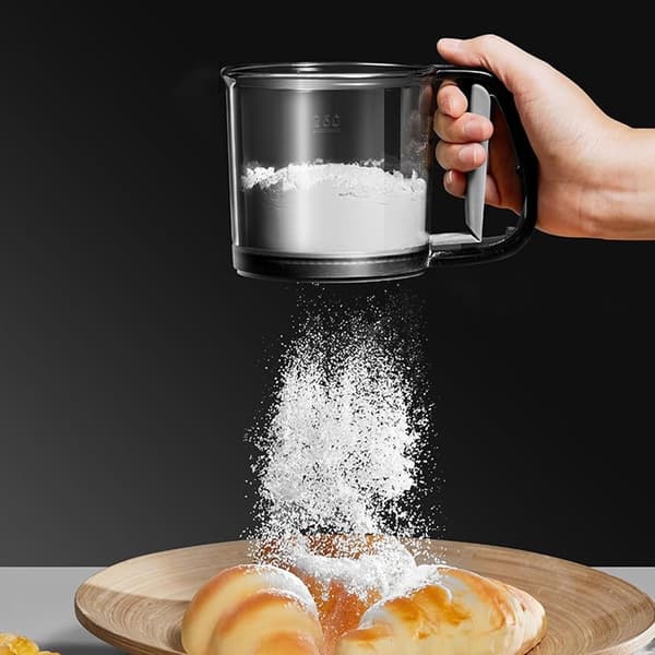Mel sigte rustfrit stål si til bagepulver sukker shaker duster ergonomisk håndtag mel sigte bageværktøj