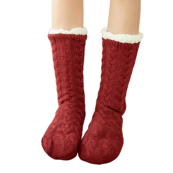 Kvinners Vinter Varme Tykke Strikkede Plysjforede Tøffelsokker Ensfarget Chunky Kabel Heklet Myke Fuzzy Koselige Sove Strømpebukser Burgundy
