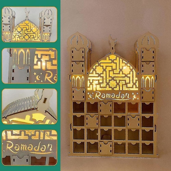 Ramadan-adventskalender, genanvendelig træ-adventskalender med 30 skuffer, Eid Mubarak-dekoration, R