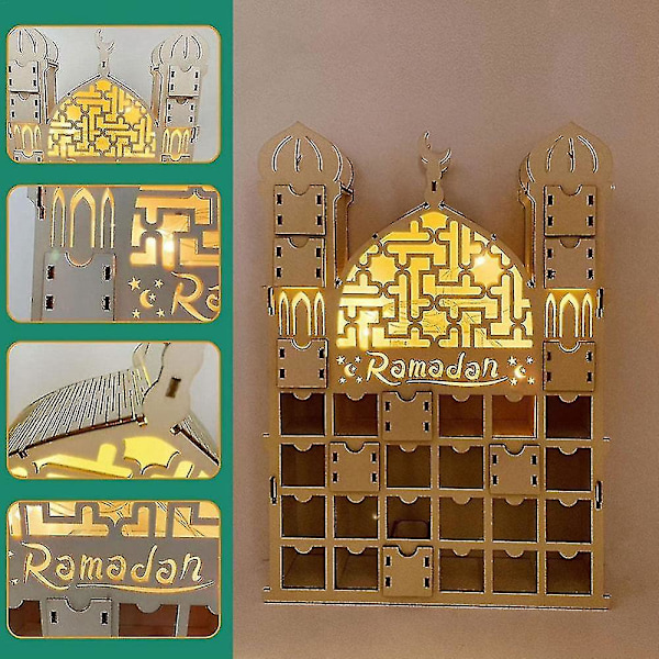 Ramadanin adventtikalenteri, puinen uudelleenkäytettävä adventtikalenteri 30 laatikolla, Eid Mubarak -koriste, R