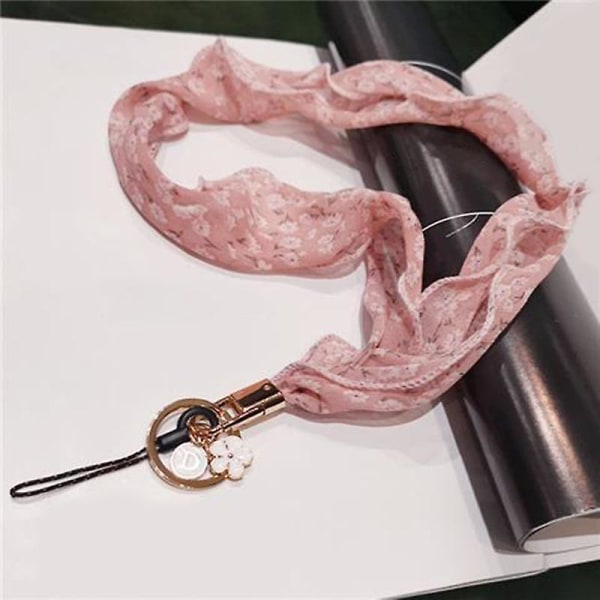 Kukkainen sifonki silkkihuivi Tyylikäs puhelinnauha metalliriipus avaimenperä puhelimen kaulahihna Pink