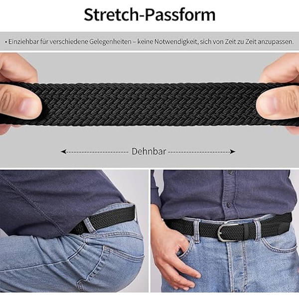 Herrbälte, elastiskt flätat bälte unisex män kvinnor flätat elastiskt stretch vävt bälte 33 mm (1,25 tum), längd 42 tum (107 cm) passar midja 33 tum-36 tum, flera färger Black