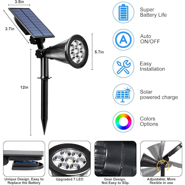 LED-aurinkovalonheittimet, 7 LED-väriä vaihtava puutarha, turvavalaistus, polkuvalot, terassille, nurmikolle, puulle, pihalle, puutarhaan (2 kpl)