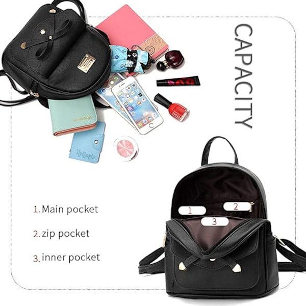 Kvinnor Ryggsäck Mini Ryggsäckar Flickor Rosett PU Läder Ryggsäck Handväska Söta Axelväskor Ryggsäck för Damer Liten Ryggsäck Tonåringar black