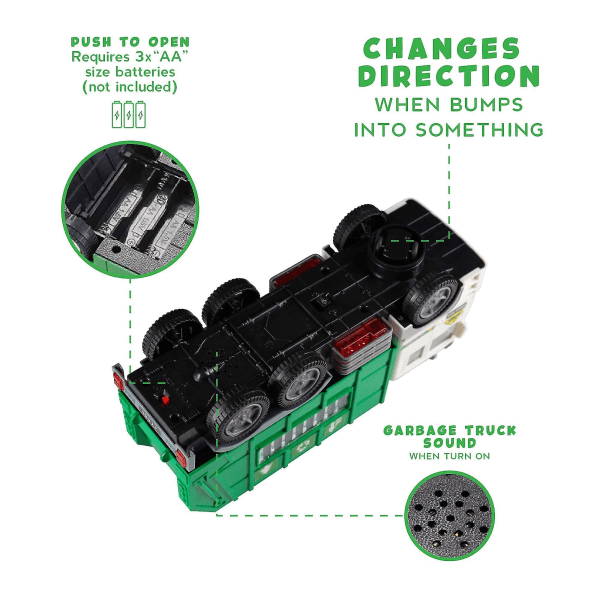Leke søppelbil for barn med 4D lys og lyder - Batteridrevet automatisk Bump & Go bil - Klistremerker for renovasjonsbil