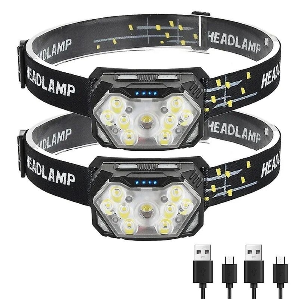 USB-oppladbar bevegelsessensor hodelykt 9 LED kraftig lys hodelykt bærbar fiske camping utendørs hodelykt arbeidslommelykt 2pcs