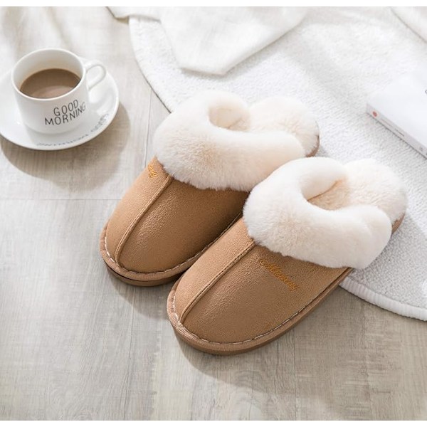 Damtofflor Minnesskum Fluffig Slip-on Hus Mocka Pälsfodrad/Antiskohål, Inomhus & Utomhus