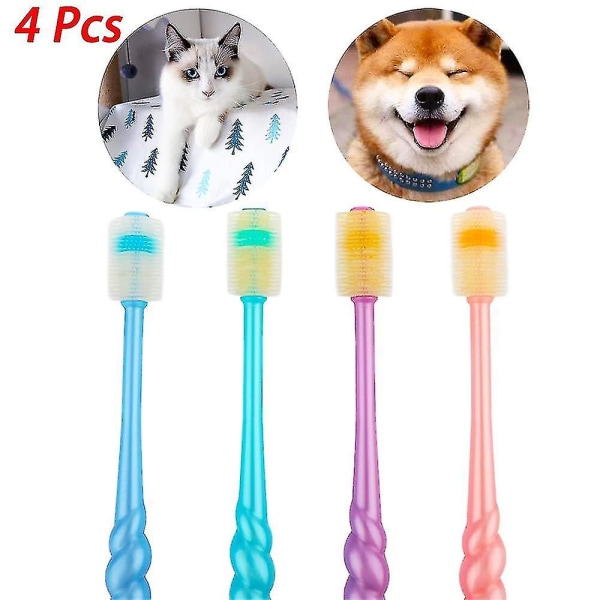 4 kpl 360 asteen pieni koiran ja kissan pehmeä hammasharja Pehmeä silikoni syvän lemmikkieläinten hampaiden puhdistussarja (värit voivat vaihdella) - -