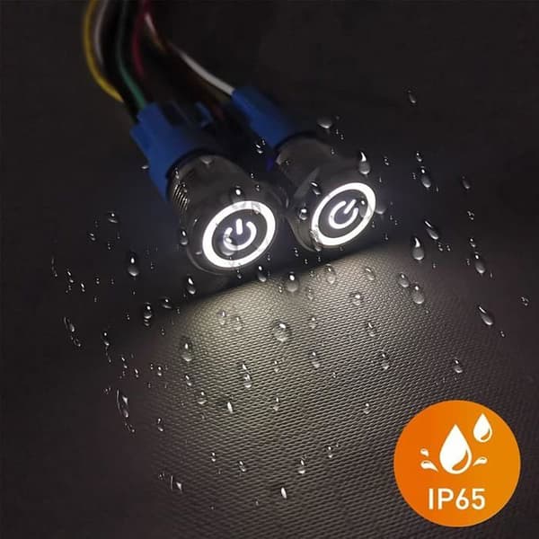 Sett med 2 låsbare trykknapper i rustfritt stål, 16 mm, hvitt LED-symbol, 12-24V 5A strømforsyning, vanntett med plugg