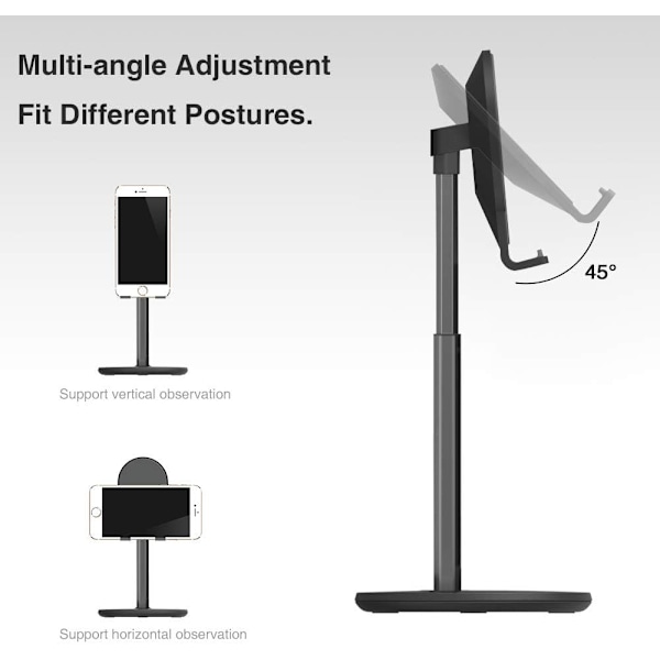 Matkapuhelinteline, kulman ja korkeuden säädettävä tablettiteline puhelinteline työpöydälle (4\"-10\") musta