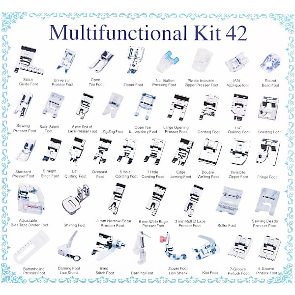 42 stk. husholdningssymaskine trykfodssæt til Brother, Babylock, Singer, Janome, Elna, Toyota, New Home, Kenmore og White lavstammede symaskiner