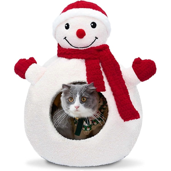 Julekatteseng for innendørs katter, kattehus Teddy Fleece katteseng hule dyreseng varm vinter for små mellomstore katter og hunder (Snømann)