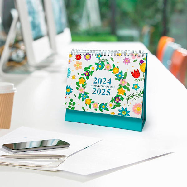 2024-2025 Skrivebordsalmanakk - Stående Flip-skrivebordsalmanakk 2024-2025, Januar 2024 til Juni 2025, 18 Måneders Skrivebordsalmanakk med Tykt Papir Spring flowers bloom