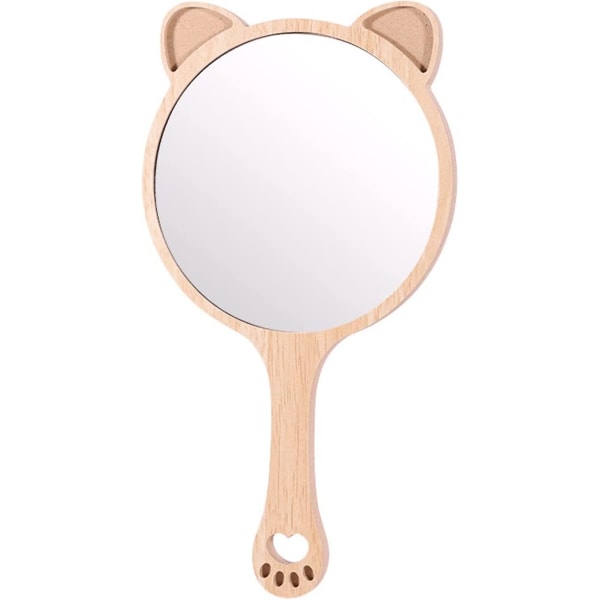 Kissan kädessä pidettävä peili Kissan korvameikkipeili söpö kissakuvioinen puinen kädessä pidettävä matkapeili Henkilökohtainen kosmeettinen peili puuterihuiskulla