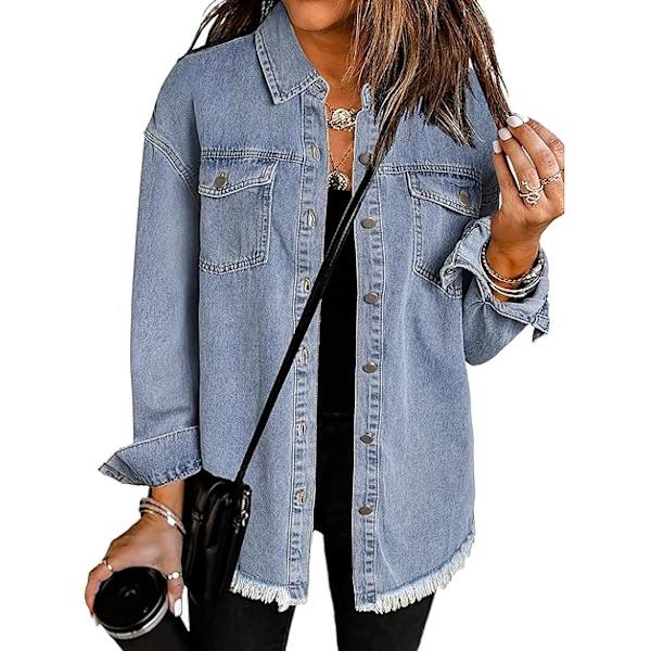 Denimjacka för dam, oversized, med fransad fåll, jeansjacka