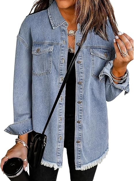 Denimjakke for kvinner, oversized, frynsete kant, jeansjakke