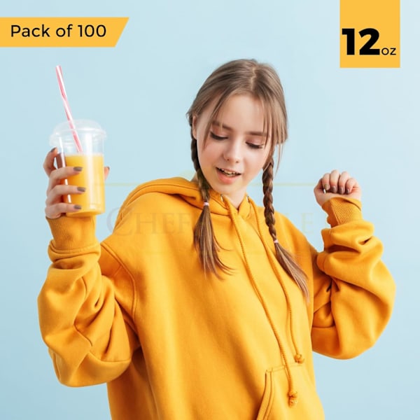 100 stk. Smoothie-kopper i plast med kuppelformede lokk - Smoothie-kopp med lokk til smoothies - Gjenvinnbare og engangskopper (100-pakning) 12oz