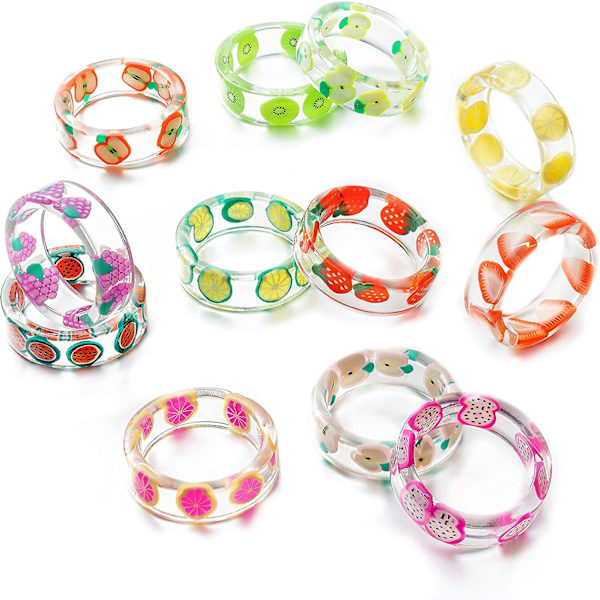12 stk. Harpiks Frugt Ringe Sæt Sød Pitaya Jordbær Æble Vandmelon Citron Kiwi Drue Grapefrugt Sommer Kno Knuckle Transparent Plast Harpiks Ring Smykker