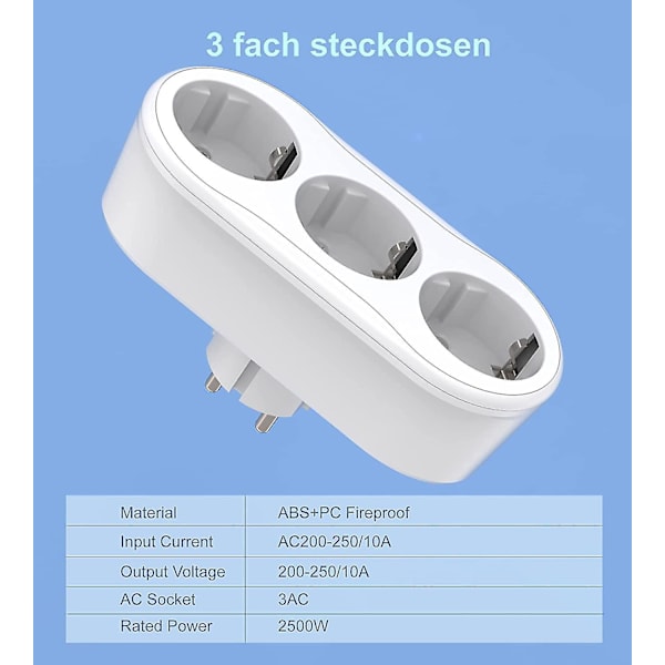Stikdåseadapter, multistik uden kabel, stikdåsefordeler 10a/250v/maks. 2500w stikdåse til hjemmet, rejser (hy)