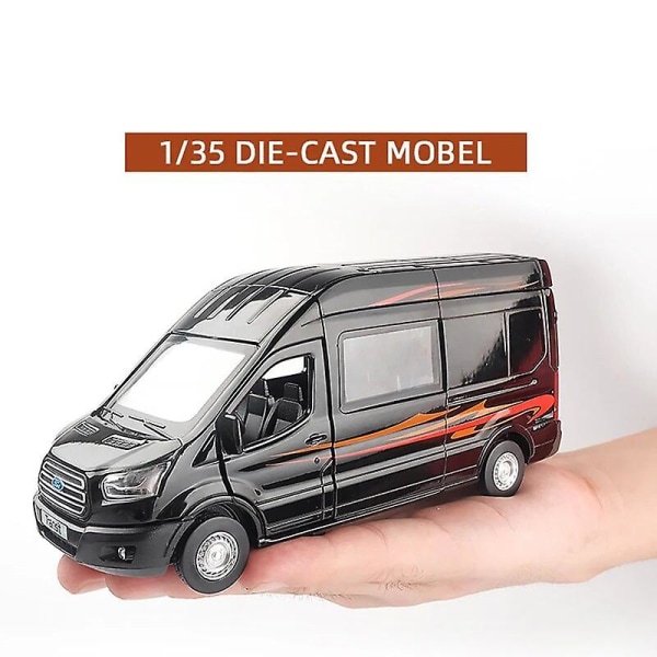 1:32 Zink-legering Buss Ford Transit Van Leksaksbil Diecast Mpv Modell Ljud Ljus Dra tillbaka Barnpresent Pojkar För Leksaker Spint Rv Black