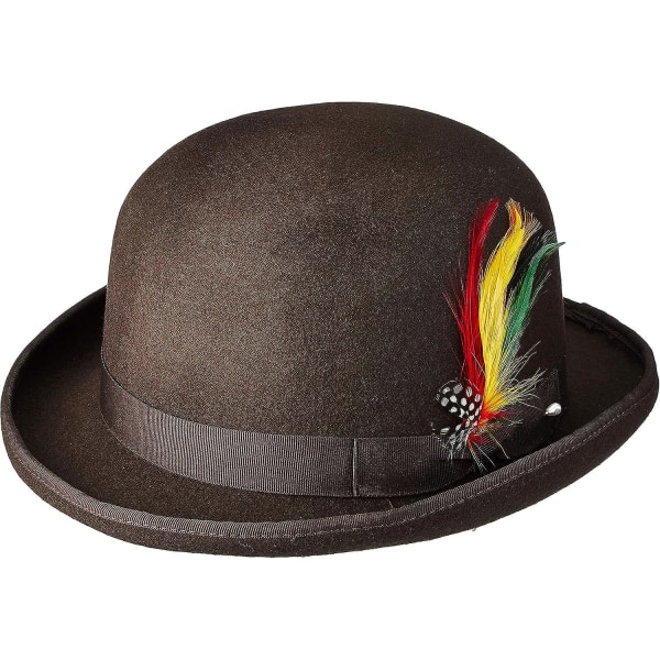 Unisex Hard Top Uld Bowler Hat Med Fjer Satin Foret Størrelser S Til Xl S Brown