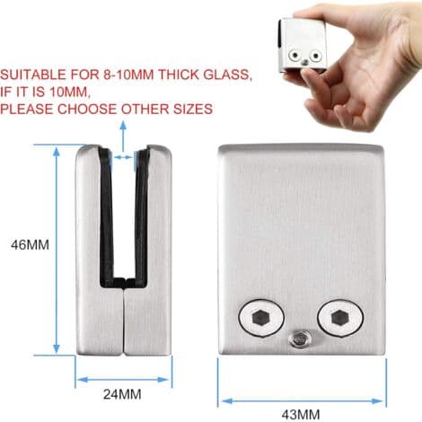 Sæt med 4 glasklemmer i 304 rustfrit stål – Glastykkelse 8 til 10 mm – Satinpoleret finish – Borefri installation