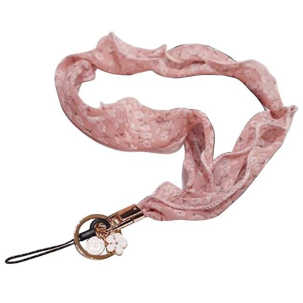 Blomster chiffon silke tørklæde stil telefon lanyard metal vedhæng nøglering telefon hals strop Pink