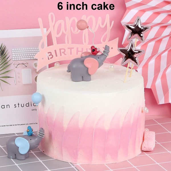 Vinterkampagne,pak Resin Little Elephant Cake Topper Med Ballon Fugl Baby Shower Pige Fødselsdagsfest Skrivebord Kage Dekoration Pink