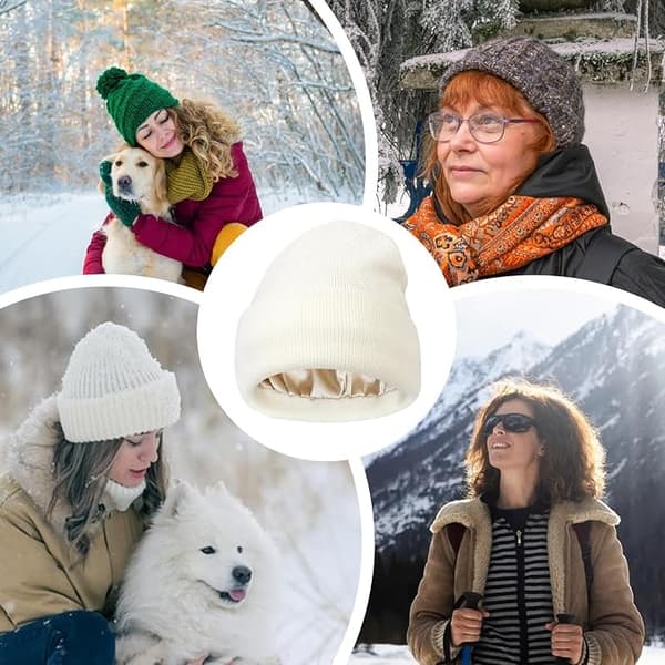 Vintermössor med satin, stickade mössor med satin, stickad klockformad hatt med silkefoder, silkefodrad slouchy beanie, unisex enfärgad skull cap White