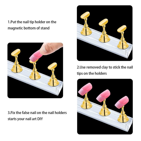 4 sett Nail Stand For Press On Nail Display, Magnetisk falske negleholder for maling av negler praksis, Nybegynner Akryl Nail Art Kit Tilbehør, Nail