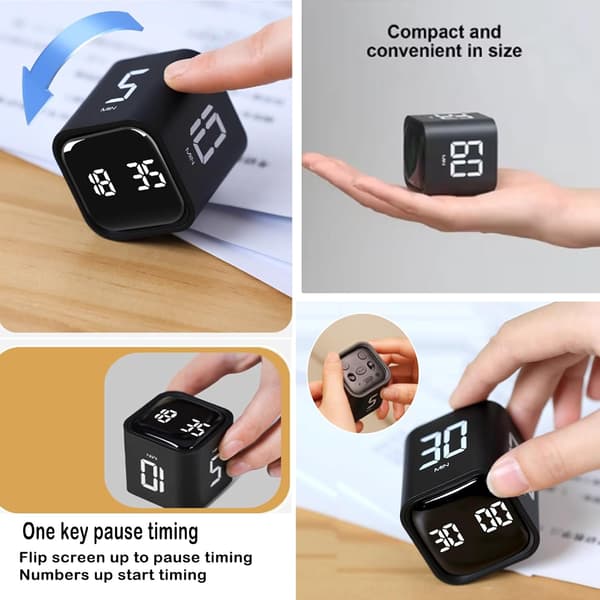 Digital kube-timer, køkken-timer med tyngdekraftssensor flip time timer, børne-timer til. Black