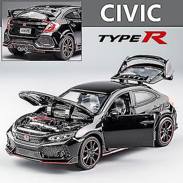 1:32 Honda Civic Type-r legeret bilmodel Diecasts & legetøjskøretøjer Metal sportsvogn model lyd og lys samling Legetøjsgave til børn Black