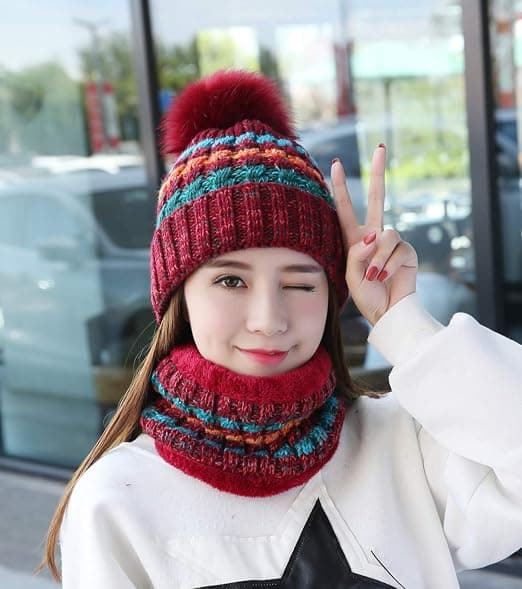 Vinterstrikket Hætte og Halsklæde Sæt til Kvinder Beanie Hat med Pom Pom Wine Red