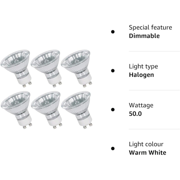 GU10 Halogenlampor 220V GU10 Halogen Spotlightlampor 450lm 2800K Varmvitt 40° Strålvinkel GU10 Lampor för Taklampor Dimbara - 6Pack GU10 50W