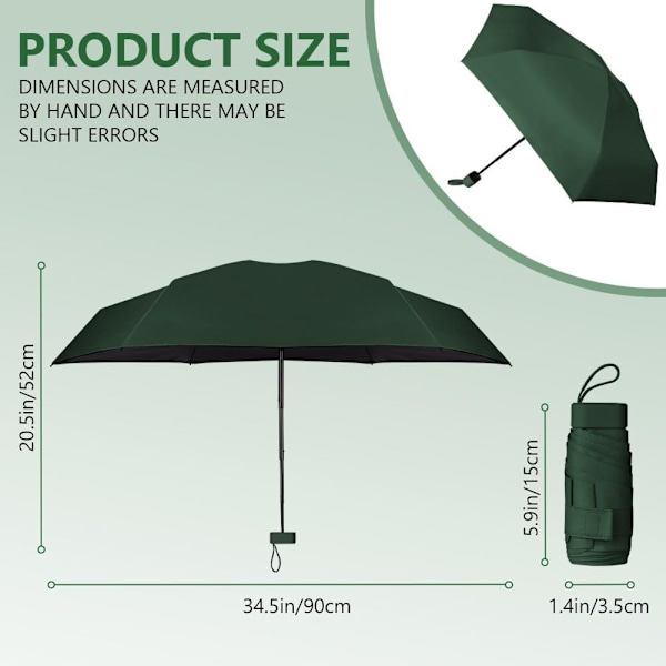 Rejse Paraply, 6 Ribber Mini Paraply Lille UV Paraply, Foldbar Solparaply Vindtæt Regnparaply med Kapselkasse, Foldbar Bærbar Lommeparaply Green