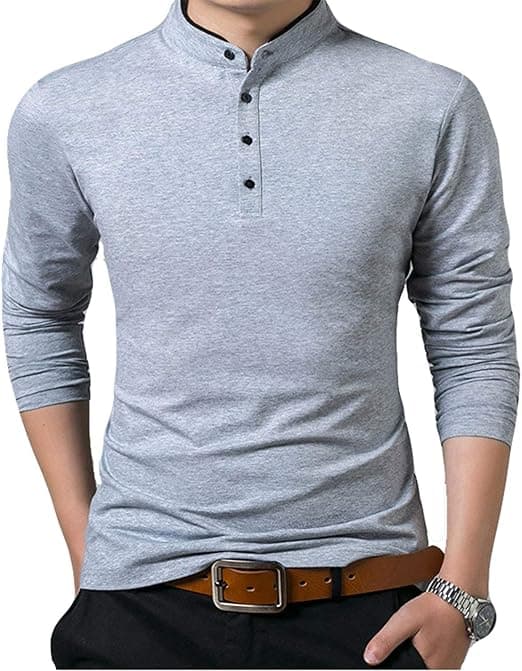 Herr Casual Normal Passform Enkel Pikétröja Bomull Henley Tröja Långärmad Topp